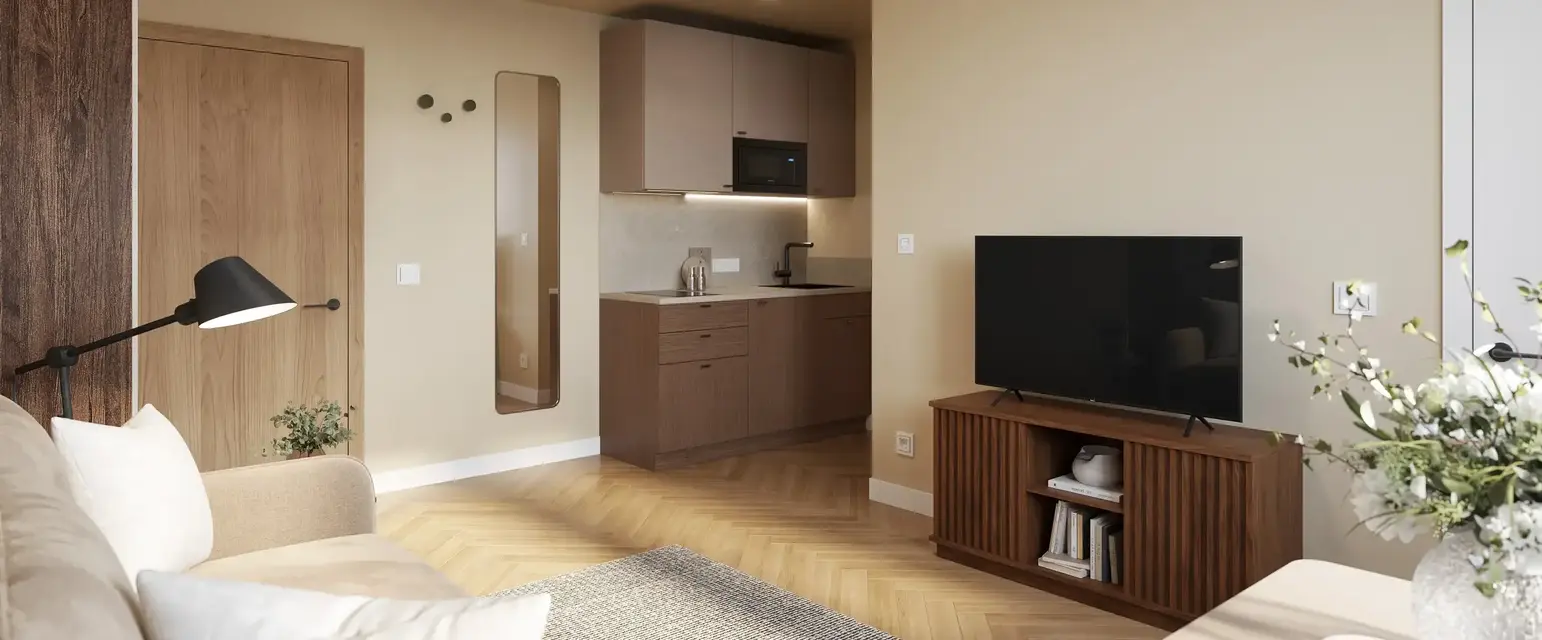 a living room with a tv and a couch