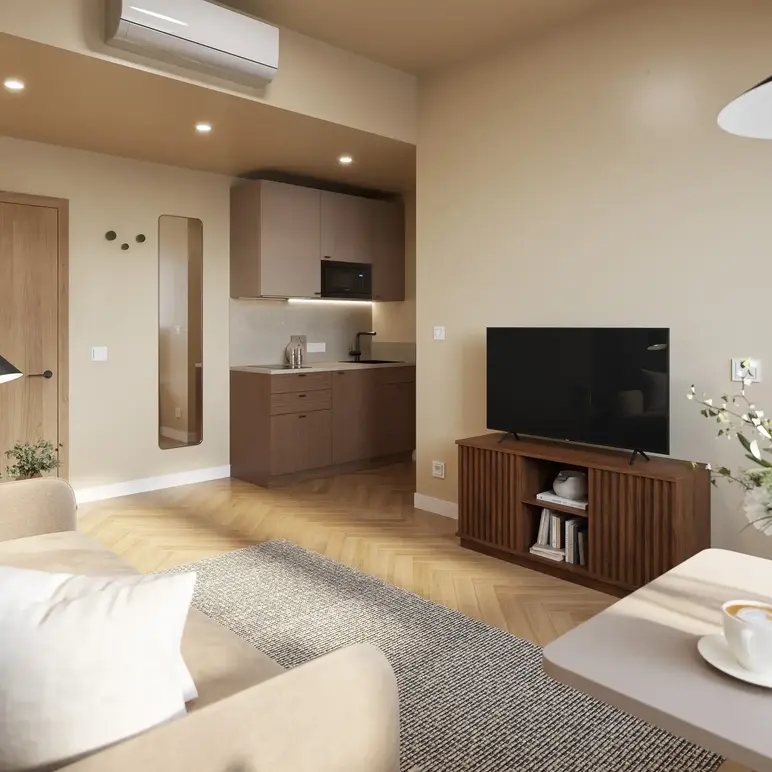 a living room with a tv and a couch