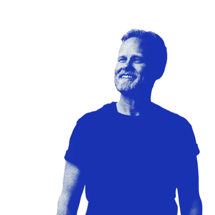 a man in a blue shirt