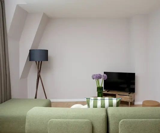 a living room with a couch and a television