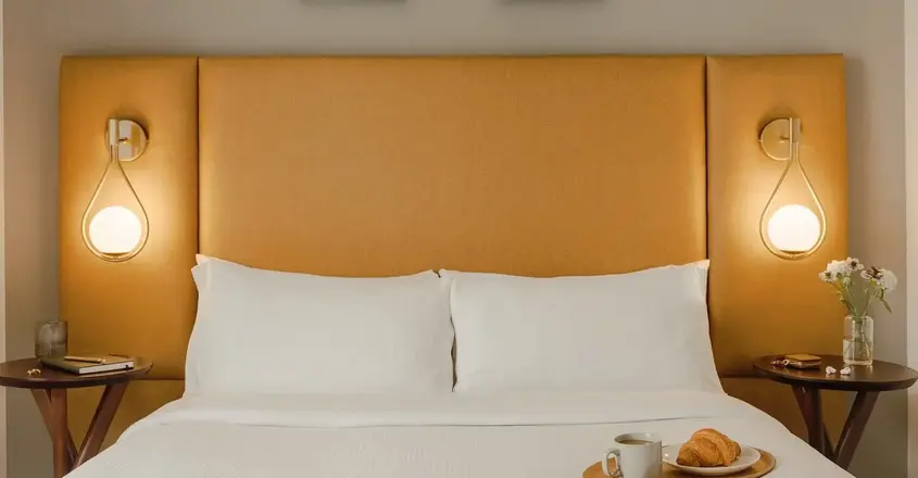 a bed with a tray of food on it