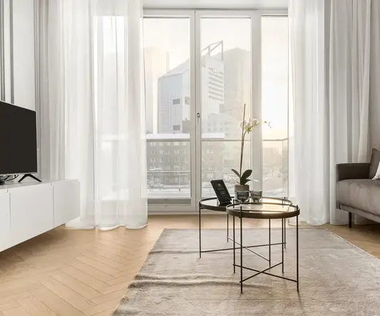 a living room with a couch and a coffee table