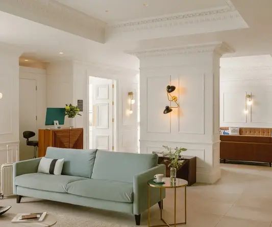 a living room with a couch and a coffee table