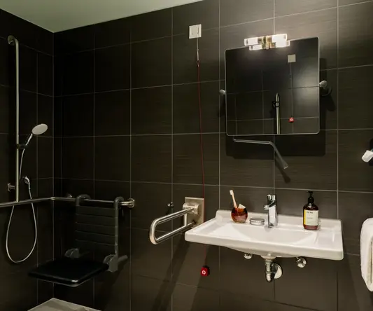 a bathroom with a sink and mirror