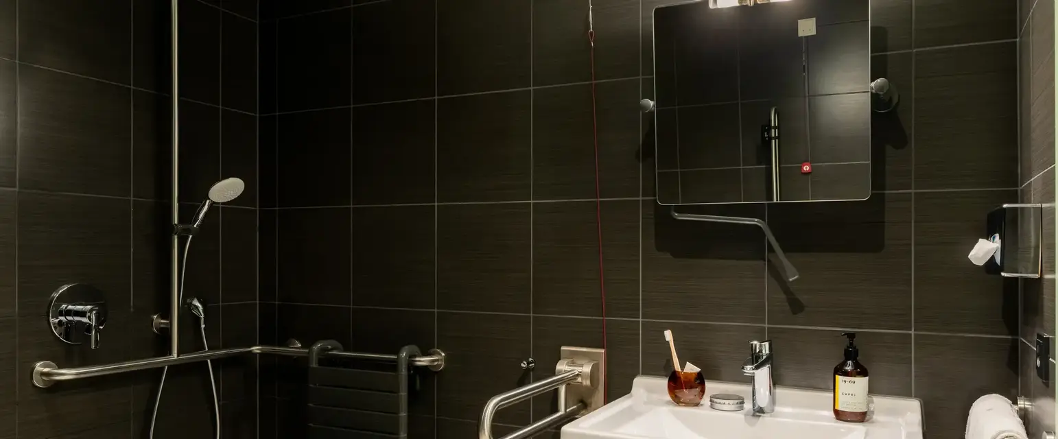 a bathroom with a sink and mirror