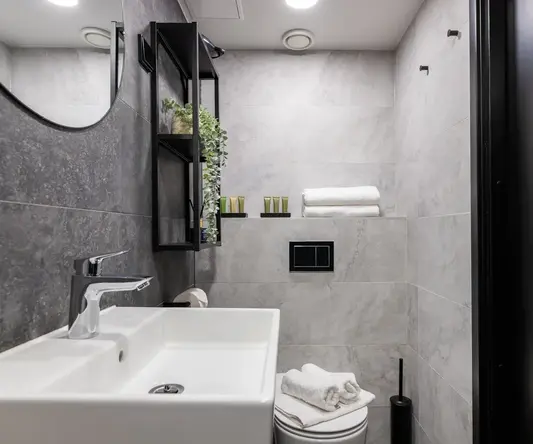 a bathroom with a sink and mirror