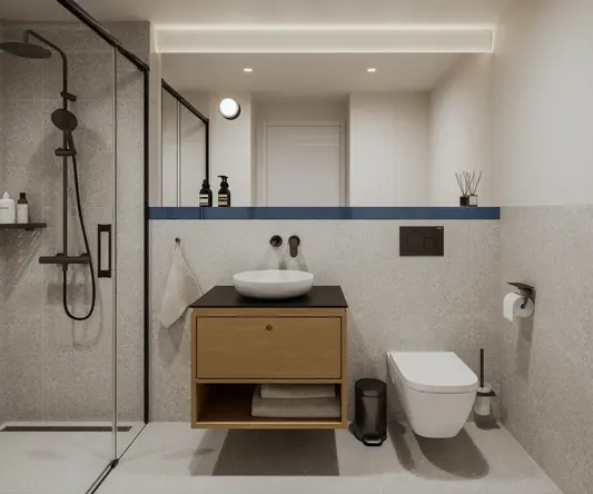 a bathroom with a shower and sink