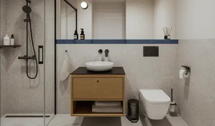 a bathroom with a shower and sink