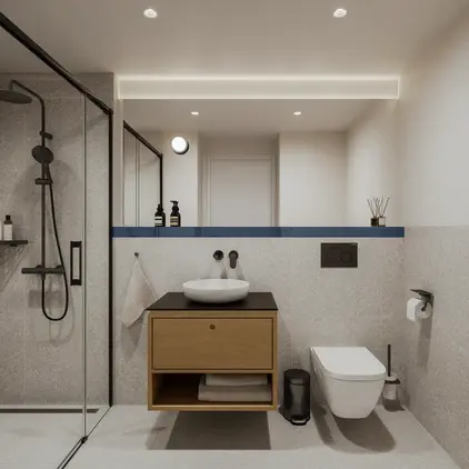 a bathroom with a shower and sink