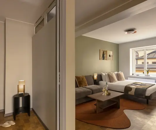 a room with a couch and a bed