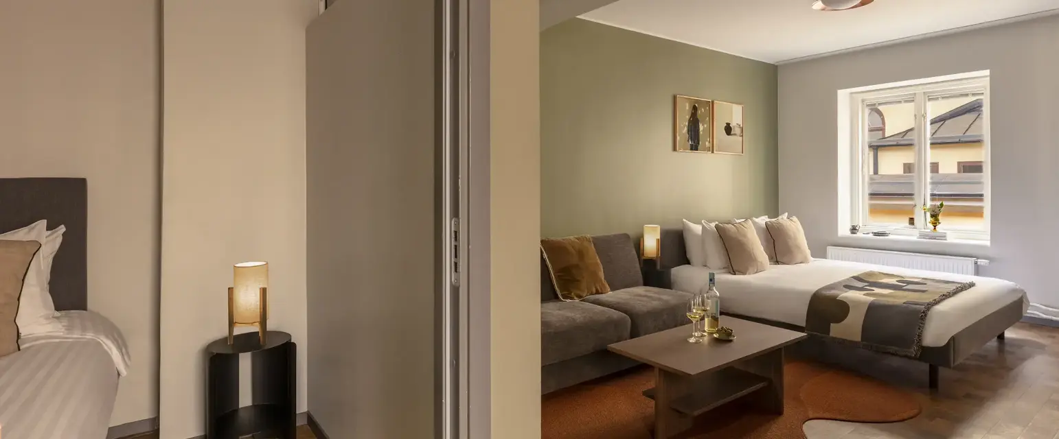 a room with a couch and a bed