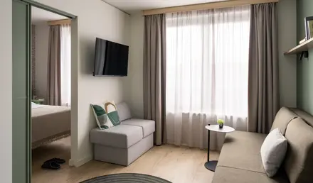 a room with a couch and tv