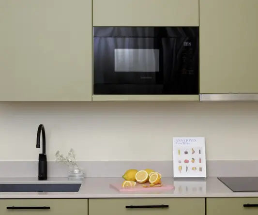 a microwave oven on a counter