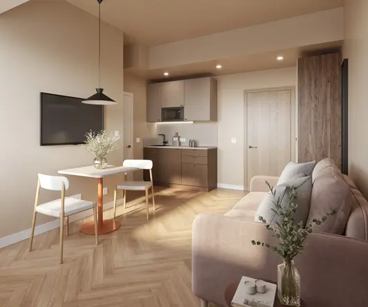 a living room with a couch and a table