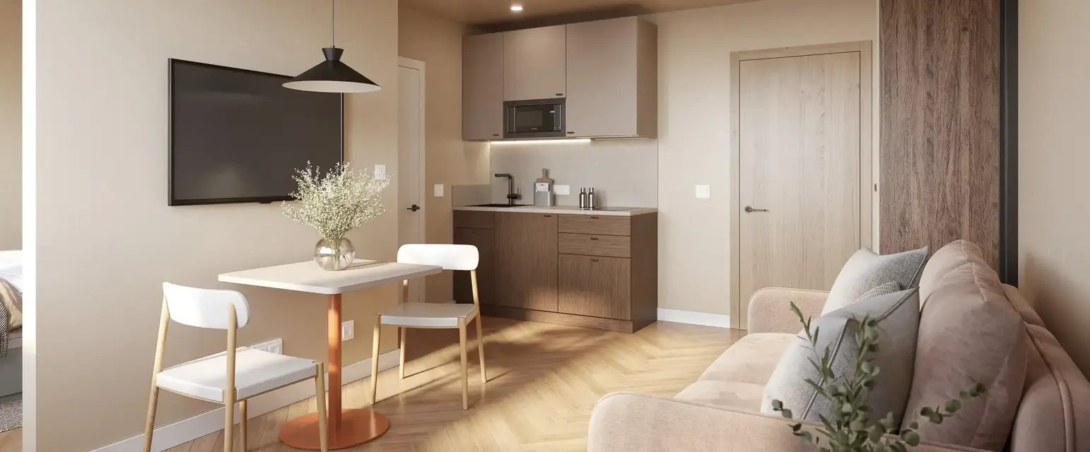 a living room with a couch and a table