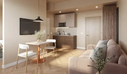 a living room with a couch and a table