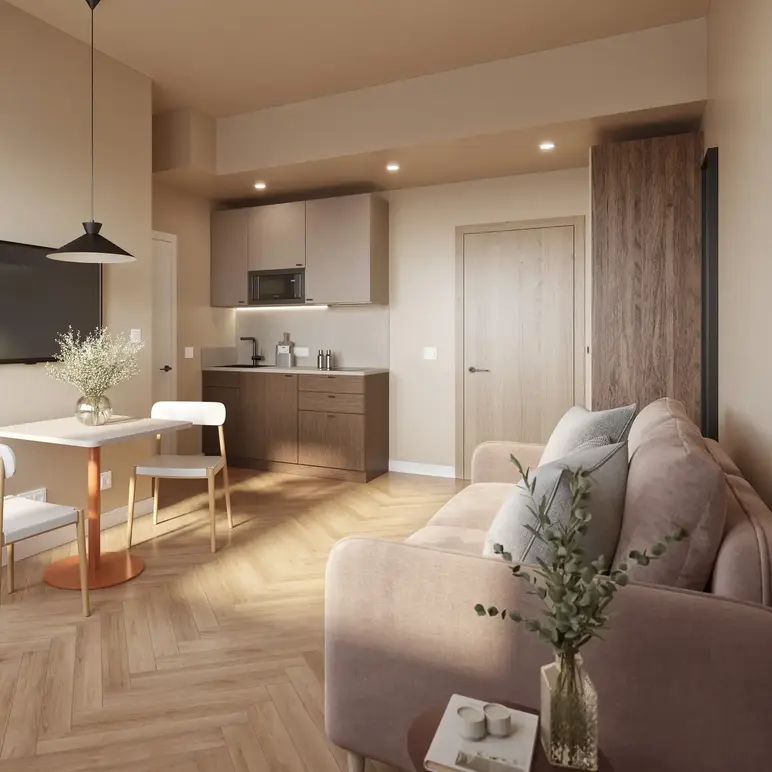 a living room with a couch and a table