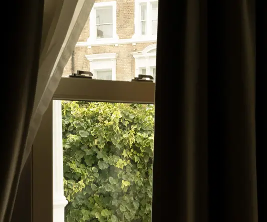 a window with a view of a street and trees