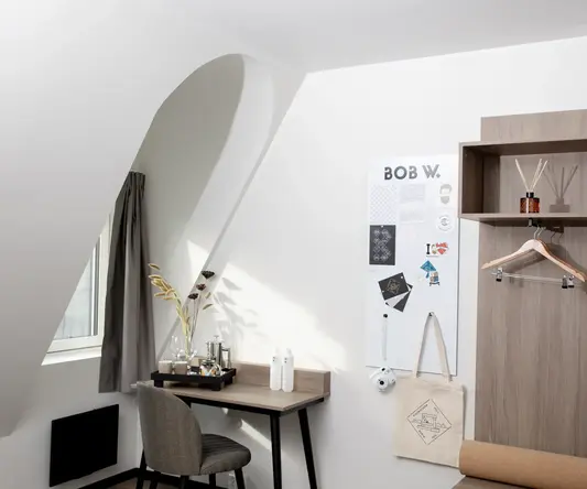 a room with a desk and chair