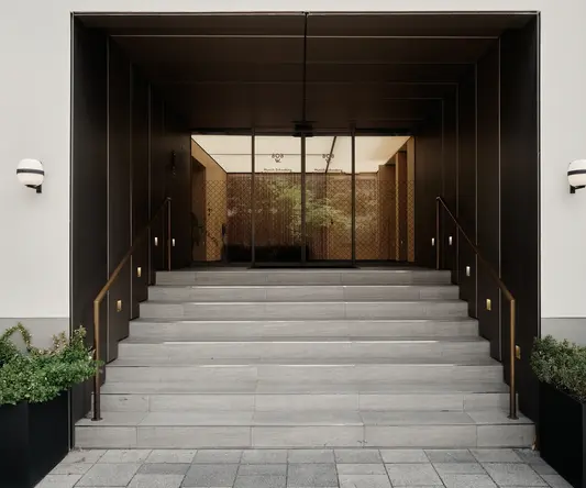 a staircase leading to a building