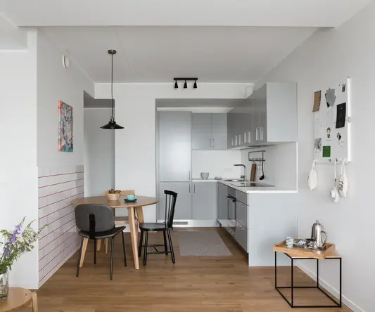a kitchen and dining area