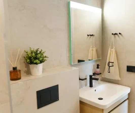 a bathroom with a sink and a mirror