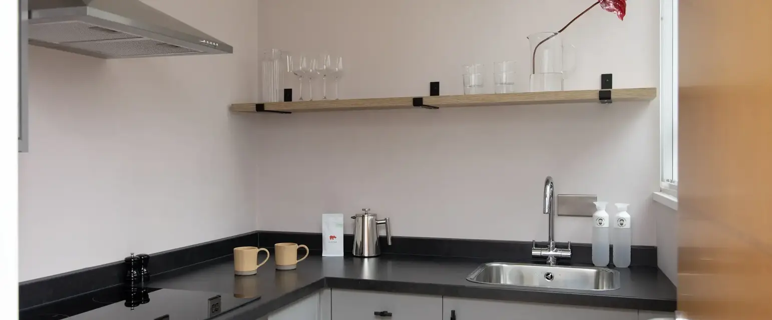 a kitchen with a sink and a stove