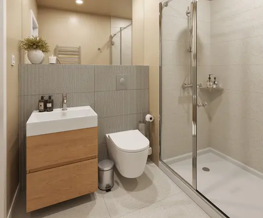 a bathroom with a shower and sink