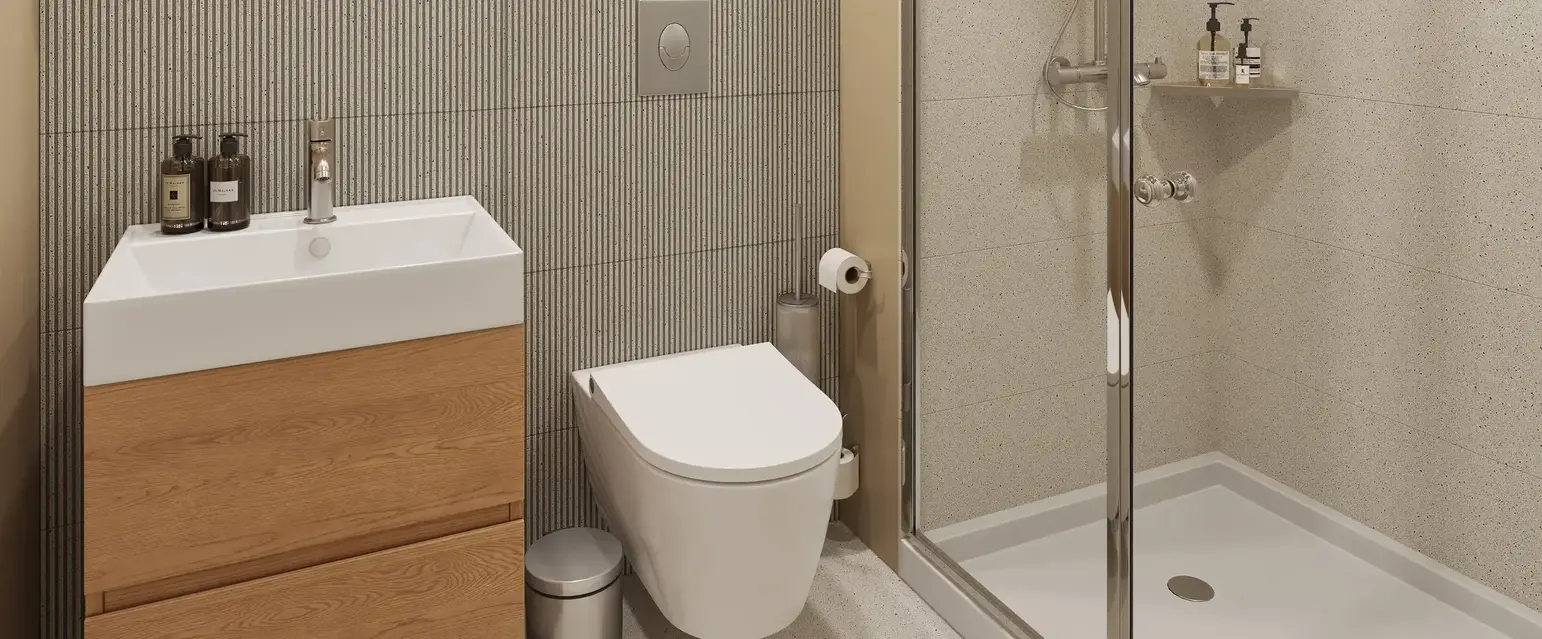 a bathroom with a shower and sink