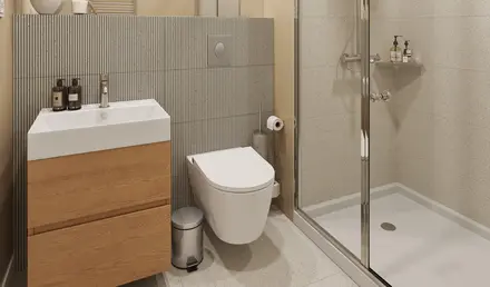 a bathroom with a shower and sink