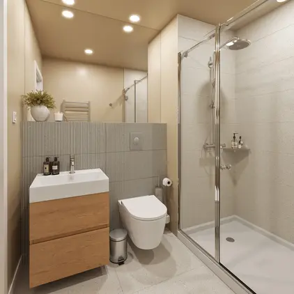 a bathroom with a shower and sink