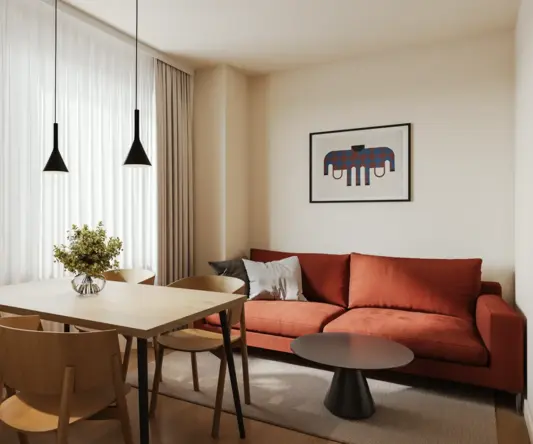 a living room with a couch and table
