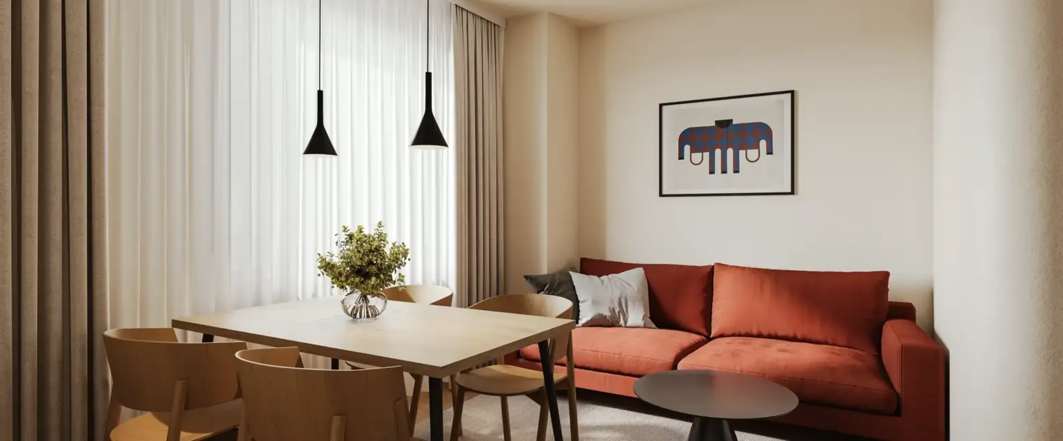 a living room with a couch and table