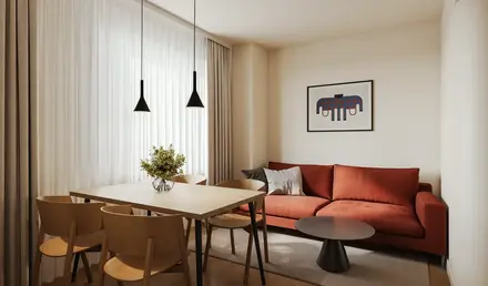a living room with a couch and table