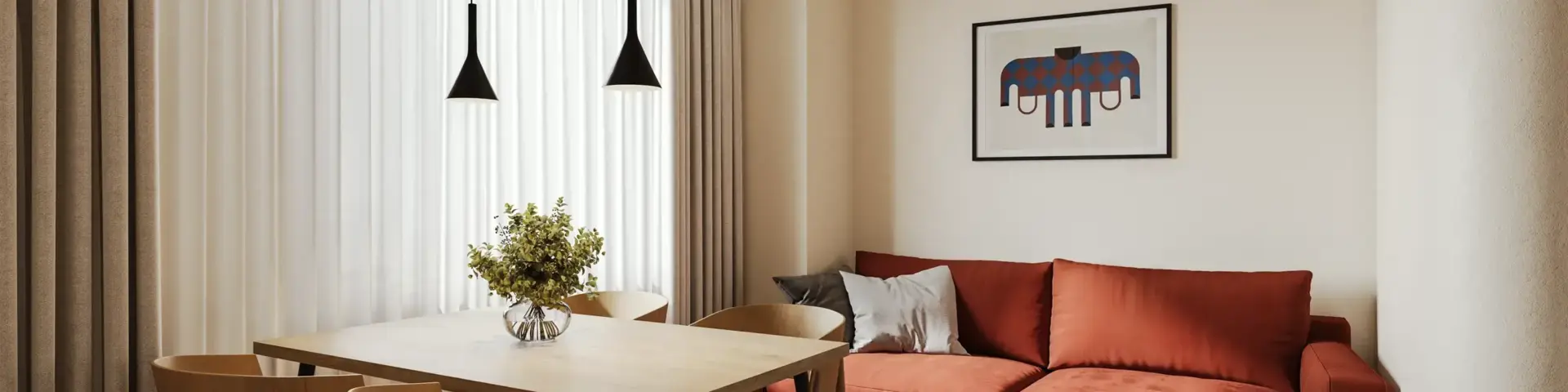a living room with a couch and table
