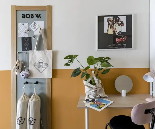 a desk with a plant on it