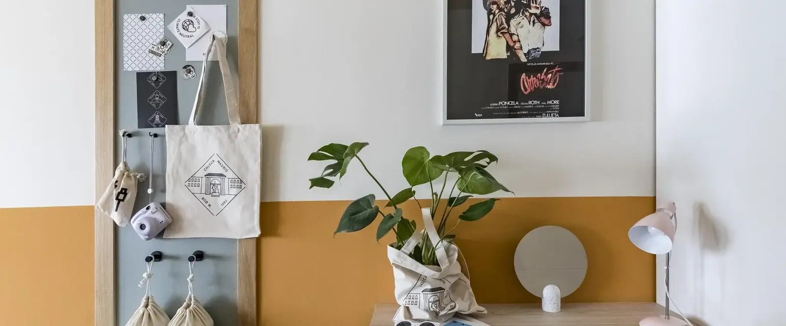 a desk with a plant on it