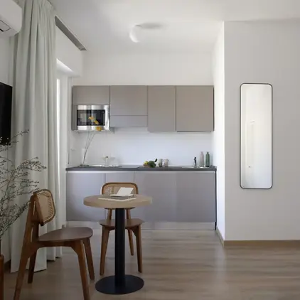 a kitchen and dining area