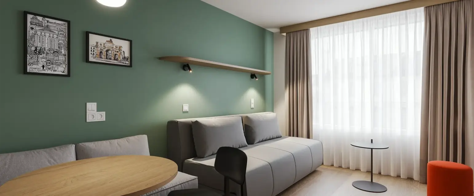 a room with a couch and a table