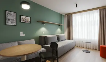 a room with a couch and a table