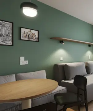 a room with a couch and a table