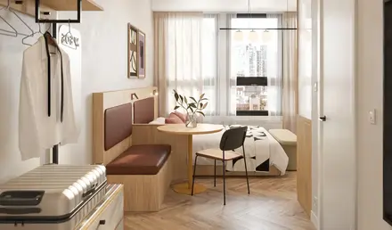 a room with a table and chairs