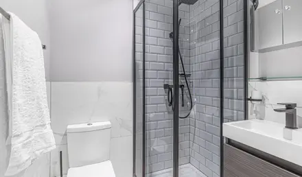 a shower with a glass door