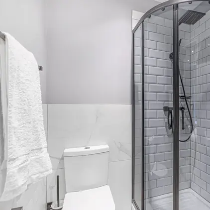 a shower with a glass door