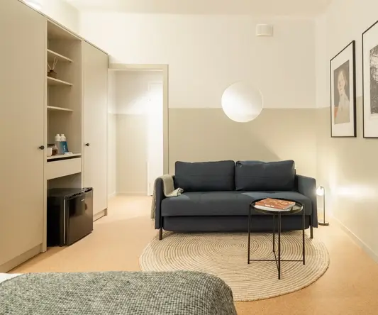 a room with a couch and a table