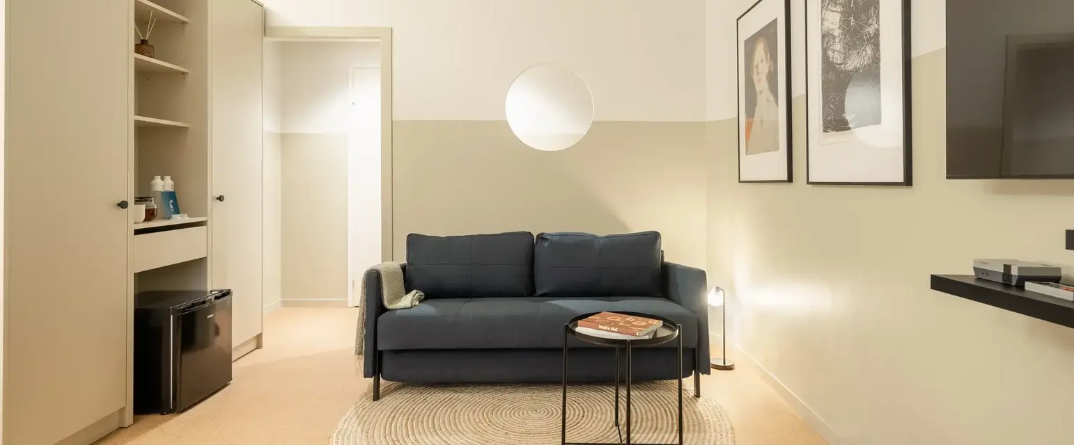 a room with a couch and a table