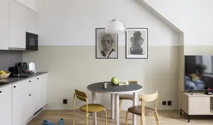 a table and chairs in a room