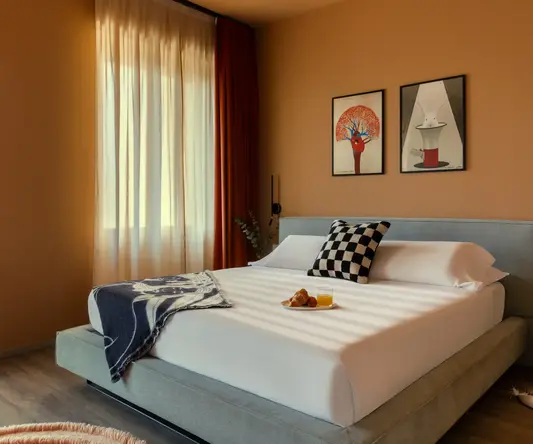 a bed with food on it