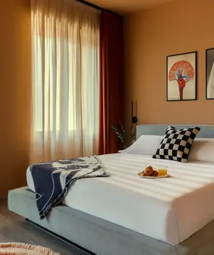 a bed with food on it