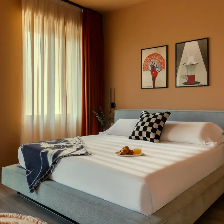 a bed with food on it